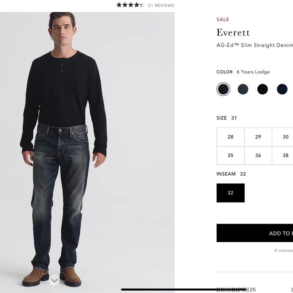 Adriano Goldschmied Men’s Black Slim Straight Jeans: Size 31R